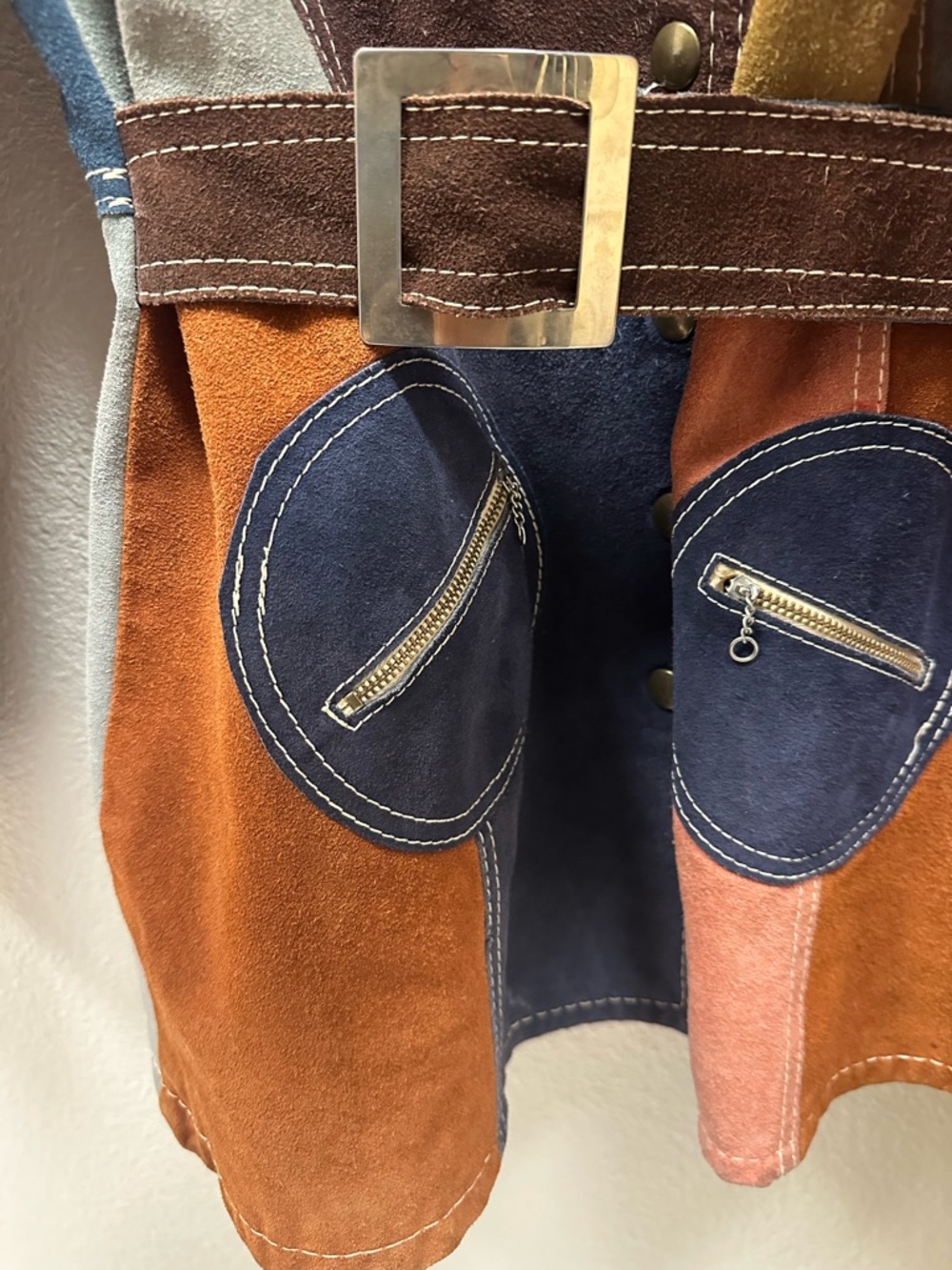 Suede Patchwork Belted Trench Coat - Multicolor - Picture 2 of 6